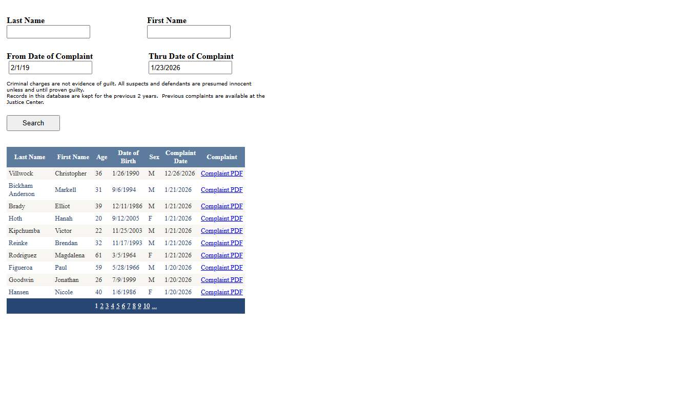 Adult Criminal Complaints Database